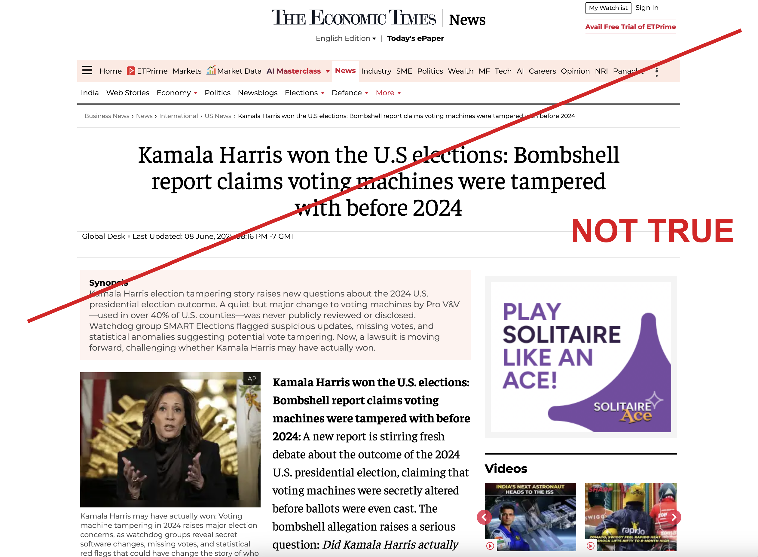 Rating the Economic Times' article about Kamala Harris and the Election. Ad Fontes Media analysts rated it as false and hyper-partisan left